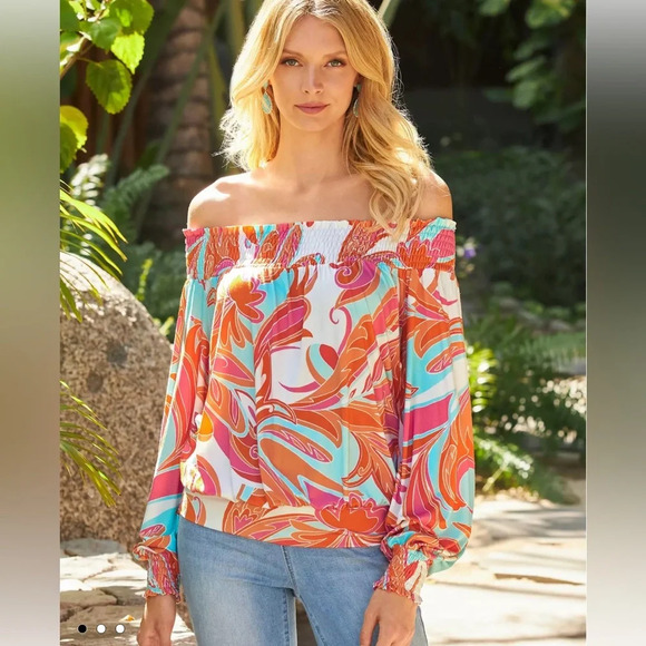 Boston Proper Abstract Floral Off The Shoulder Knit Top Orange Multi - Picture 1 of 5